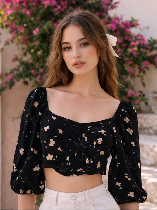 Wilfred Tops - Aritzia Wilfred Womens Lolita Crop Blouse Floral Puff Sleeve Coquette Y2K Sz S